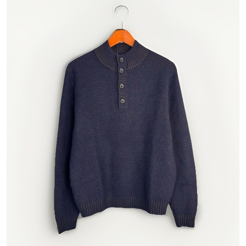 Scott Barber Mens Size Medium Merino Wool Sweater Henley Brown Navy Chunky Knit